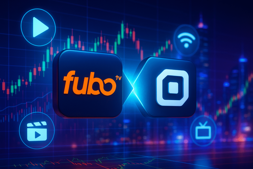 FuboTV logo on a futuristic stock market graph, with rising and falling lines symbolizing market volatility, sports-themed background.